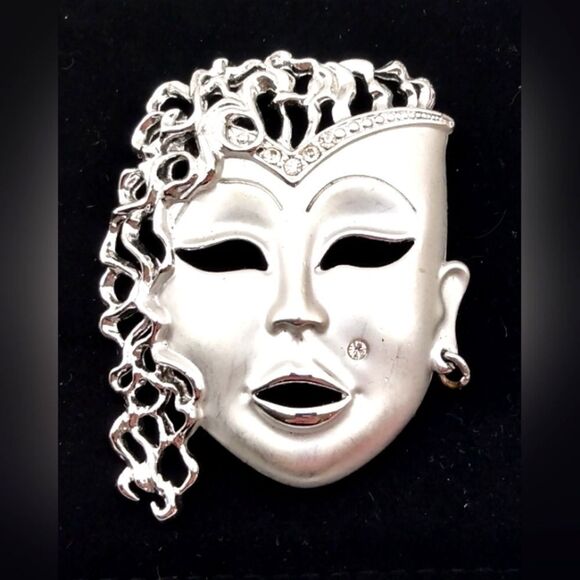 Silver Masquerade Mask Brooch Pendant Jewelry Vintage - Picture 2 of 8